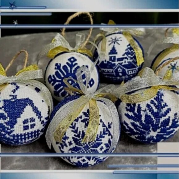 Handmade Other - Set of 6 Handcrafted Embroidered Christmas Ornaments–Blue and White Nordic Style